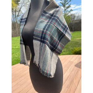 Vtg 1970's Wool Scarf Gray Navy Red Teal Plaid With Tassels 11" x 48"